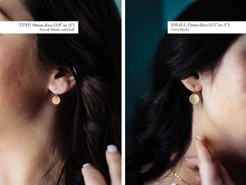 May include: Gold-colored disc earrings. One earring is 3/8 inch in diameter with French hooks, and the other is 1/2 inch with lever backs. The earrings have a textured surface and are shown on a person.