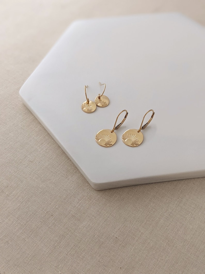 Tiny Gold Sun Earrings, Dainty Sunburst Earrings, Sunshine Minimalist Gold Disc Earrings, Lightweight Hand-stamped Jewelry, 14k Gold Fill image 2