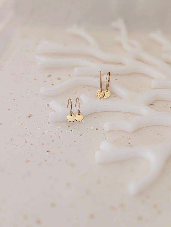 Dainty Gold Hammered Earrings, Tiny Gold Charm Earrings, Delicate Leverback Dangle or Hook, Smooth or Hammered Texture