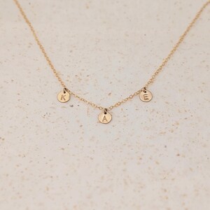 Gold Tiny Initials Necklace, Mini Discs Name Necklace, Mothers Day, 14k Gold Filled Dainty Chain, Multiple Charms, Personalized Gift for Mom image 2