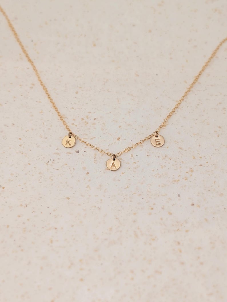 Gold Tiny Initials Necklace, Mini Discs Name Necklace, Mothers Day, 14k Gold Filled Dainty Chain, Multiple Charms, Personalized Gift for Mom image 2