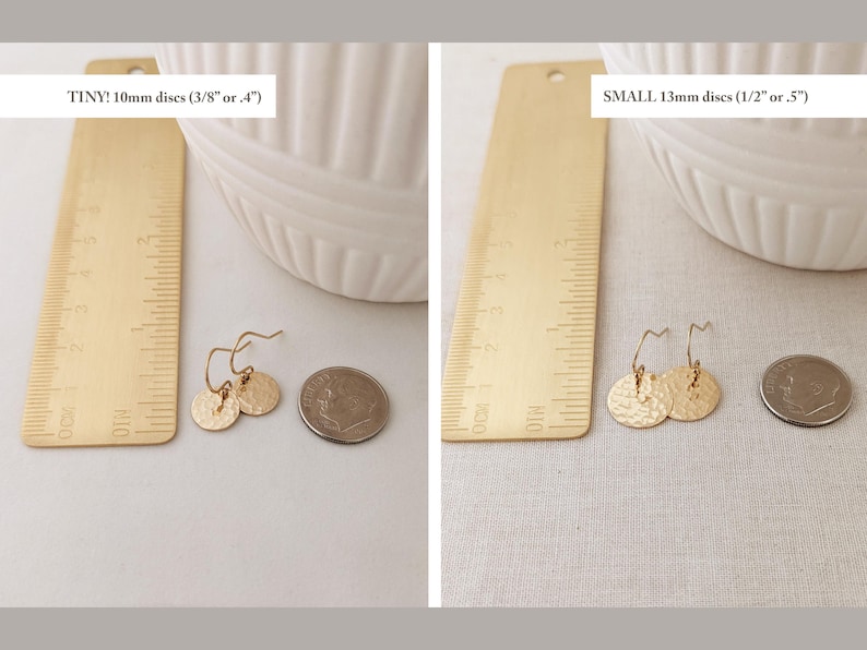 May include: Two pairs of gold-colored disc earrings with hammered texture, displayed with a ruler and a dime for size comparison. The smaller earrings are 10mm (3/8" or .4") and the larger ones are 13mm (1/2" or .5").