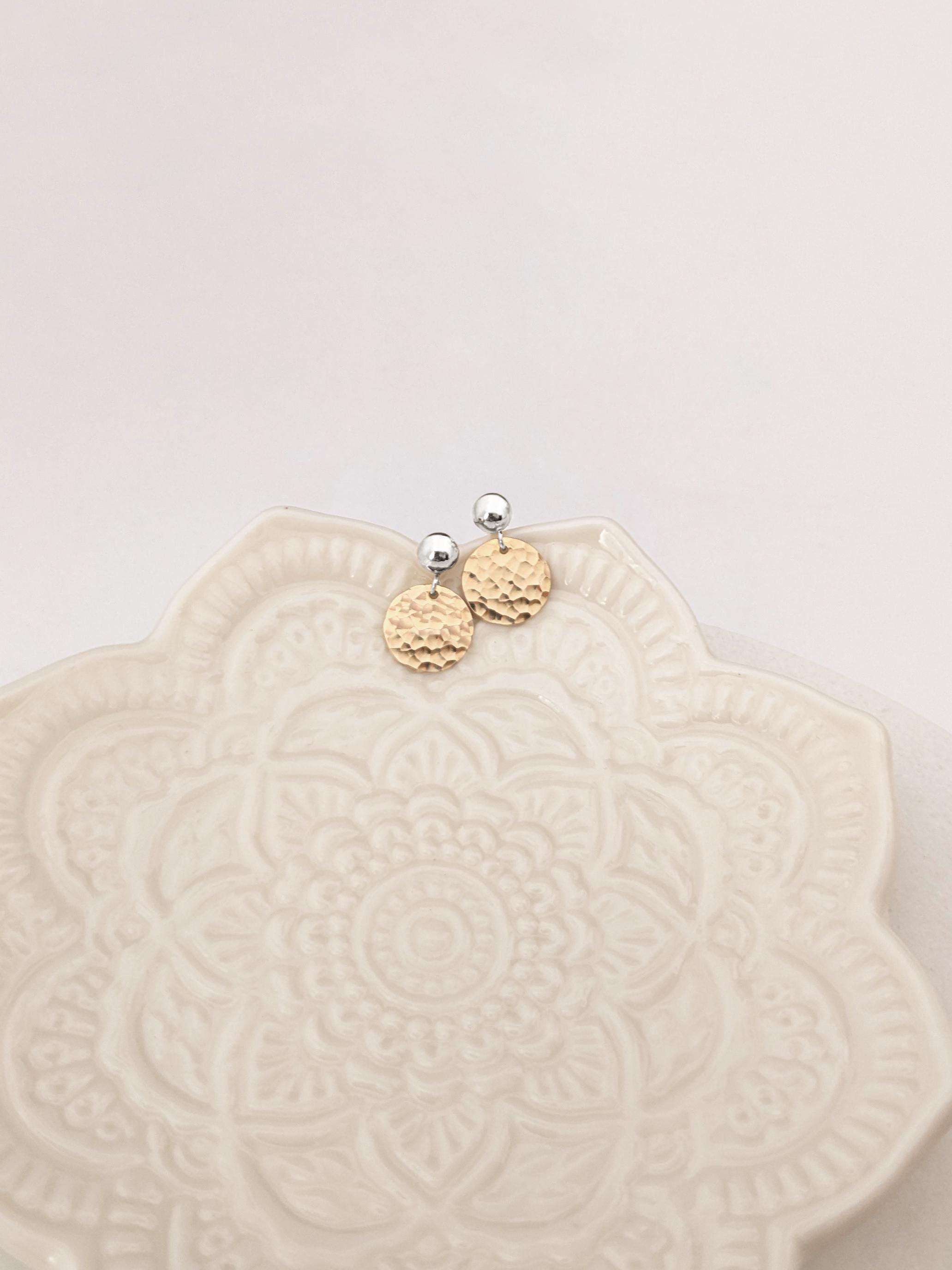 Mixed Metal Earrings - Two Tone Hammered Dangle Earrings - Silver and Gold Stud Drops - Handmade Gift for Women - Unique Artisan Jewelry