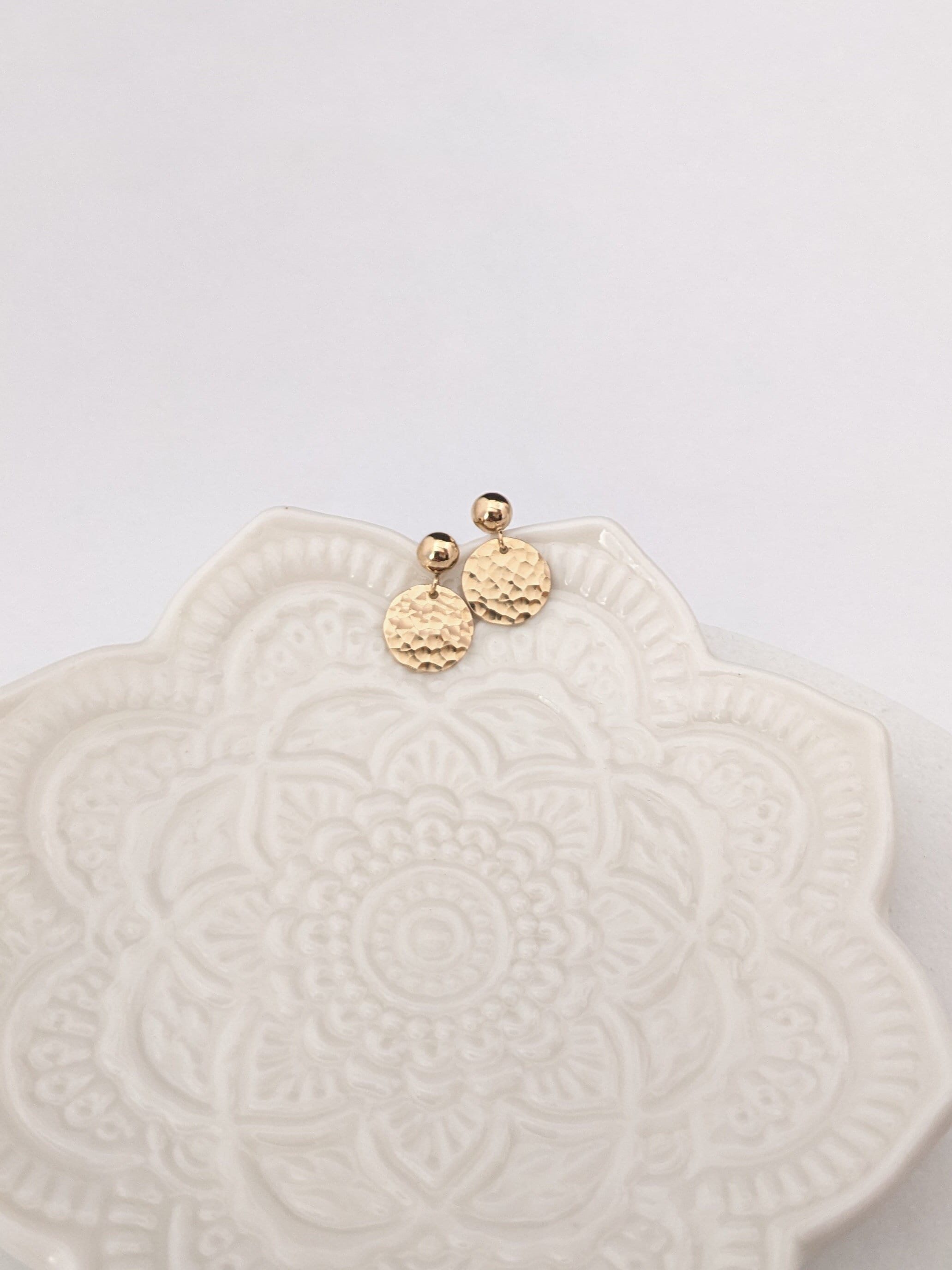 Dangle Post Earrings Gold, Hammered Stud Drop Earrings, Gold Ball Earrings, Small Disc Earrings, Valentine Jewelry Gift for Women
