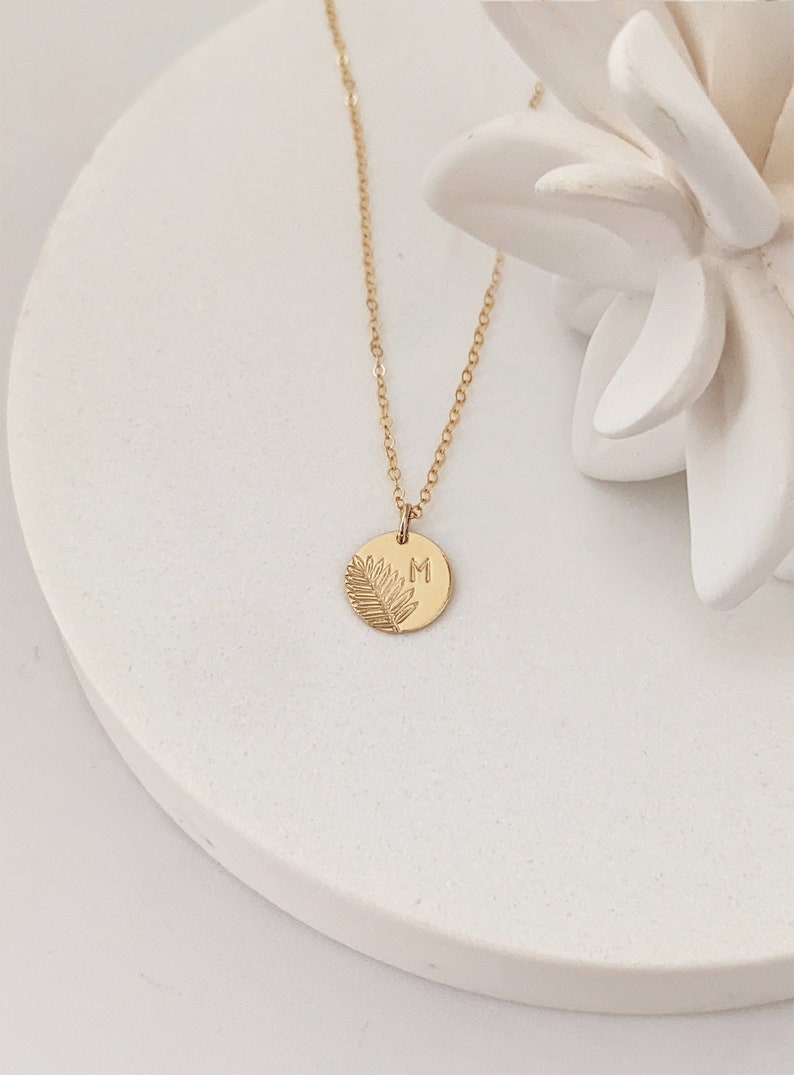 Personalized Leaf Necklace Gold Filled, Botanical Necklace with Initial, Choose 1, 2, 3 Discs, Mothers Gift Idea image 4