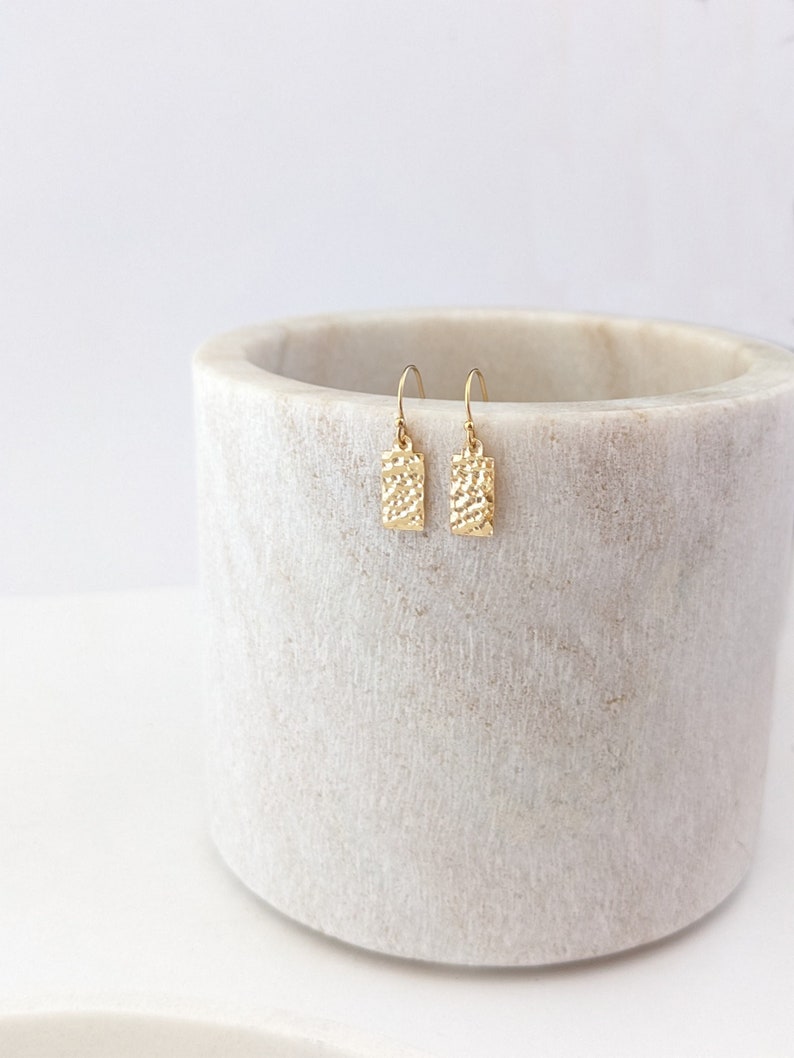 Tiny Gold Filled Earrings, Dainty Hammered Geometric Minimalist Earrings, 14k Gold Filled Dangle Drop Earrings image 1