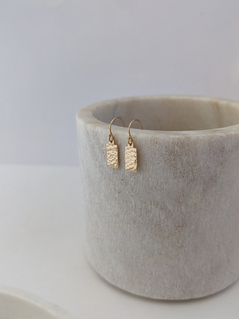 Tiny Gold Filled Earrings, Dainty Hammered Geometric Minimalist Earrings, 14k Gold Filled Dangle Drop Earrings image 3