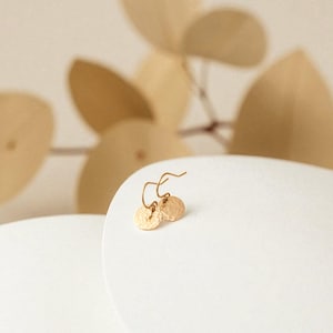 May include: A pair of gold-colored hammered disc earrings. The earrings are on a white surface, with a blurred background of beige-colored leaves. The earrings have a simple, elegant design.