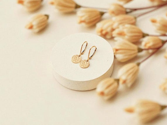Gold Hammered Earrings, Small Gold Disc Dangle Earrings, Gold Filled Drop Earrings, Hammered Disc Dangle Earrings, Simple Everyday Earrings