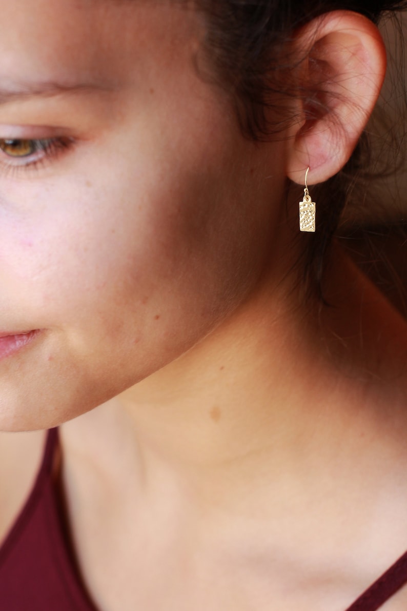 Tiny Gold Filled Earrings, Dainty Hammered Geometric Minimalist Earrings, 14k Gold Filled Dangle Drop Earrings image 2