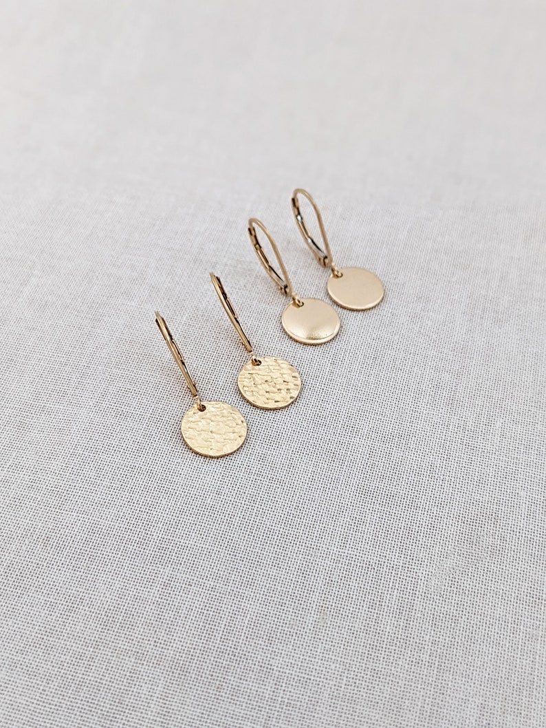 Tiny Gold Earrings, Hammered Gold Earrings, Gold Filled Minimal Earrings, Everyday Dainty Earrings, Smooth or Hammered Discs image 2