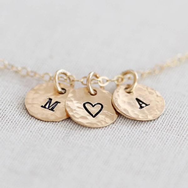 Tiny Initial Necklace, Gold Letter Necklace, Gold Filled Personalized Disc, Hammered or Smooth