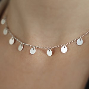 Tiny Discs Necklace Silver,  Gift, Dainty Sterling Silver Necklace in Choker + Longer lengths, Tiny Dot Chain, Multi Disc Charms