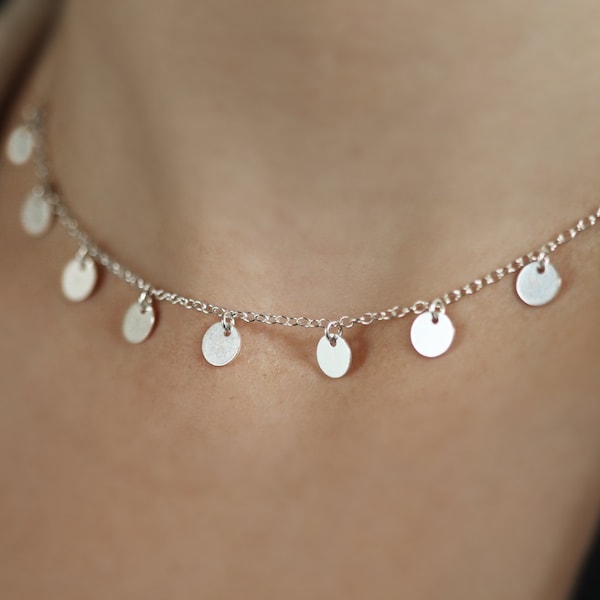 Tiny Discs Necklace Silver, Mothers Day Gift, Dainty Sterling Silver Necklace in Choker + Longer lengths, Tiny Dot Chain, Multi Disc Charms