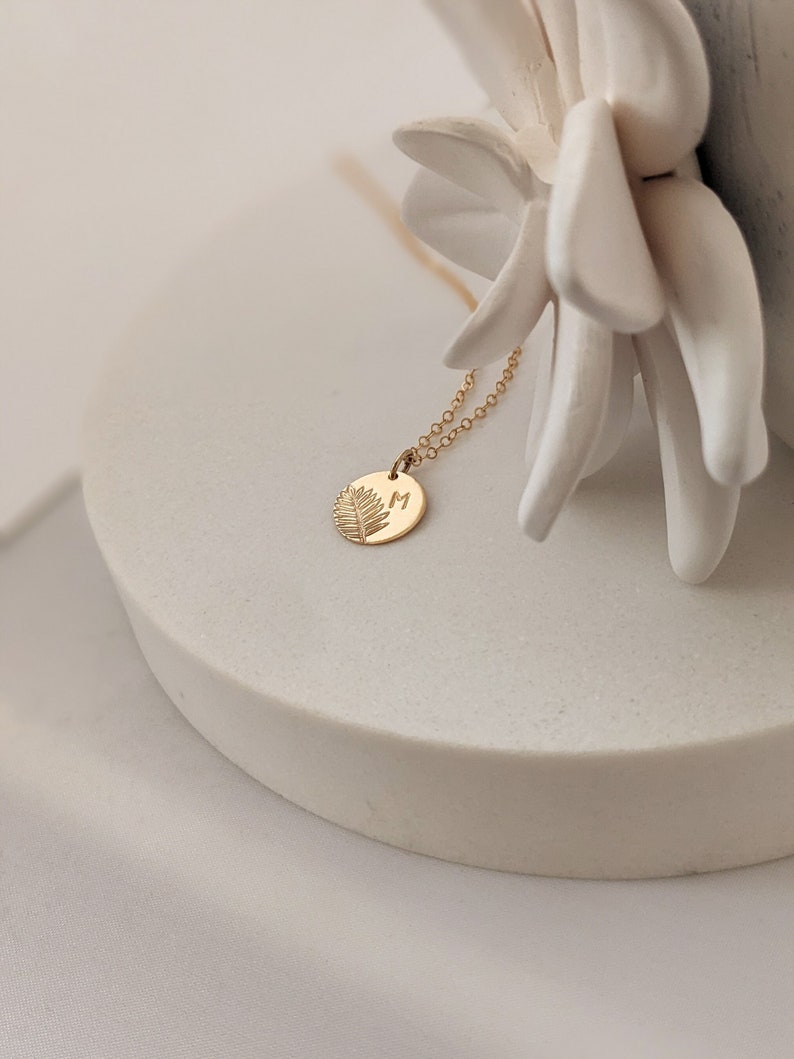 Personalized Leaf Necklace Gold Filled, Botanical Necklace with Initial, Choose 1, 2, 3 Discs, Mothers Gift Idea image 1