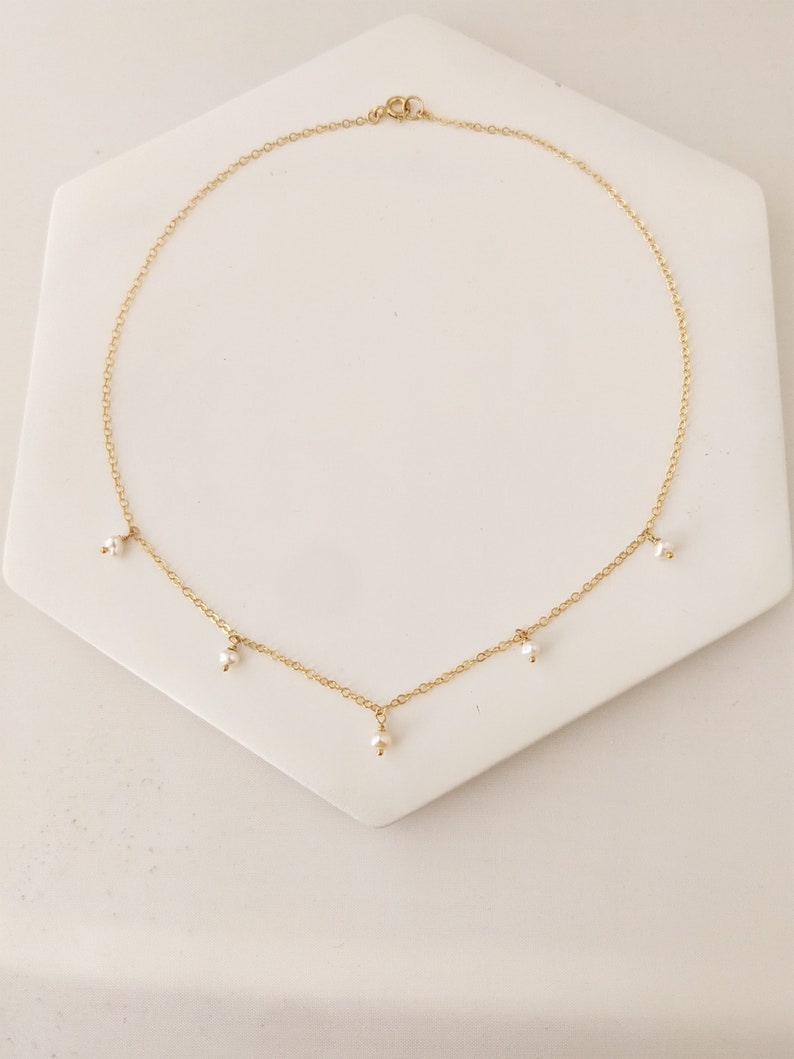 Dainty Pearl Necklace, Tiny Pearl Drop Necklace, Freshwater Pearl Charms in Gold Filled or Sterling Silver in Choker & Longer lengths image 1