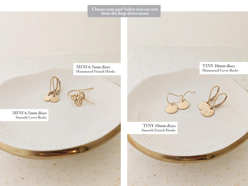 May include: Gold-colored disc earrings in two sizes, MINI 6.5mm and TINY 10mm, displayed on a white plate with a gold rim. The earrings feature smooth and hammered textures, with various hook styles. Text on the image reads "Choose your pair!"