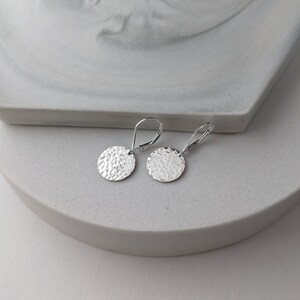 Hammered Leverback Earrings, Small Disc Earrings Lever Backs, .5 Sterling Silver Dangle Earrings, Shiny Finishes too image 2