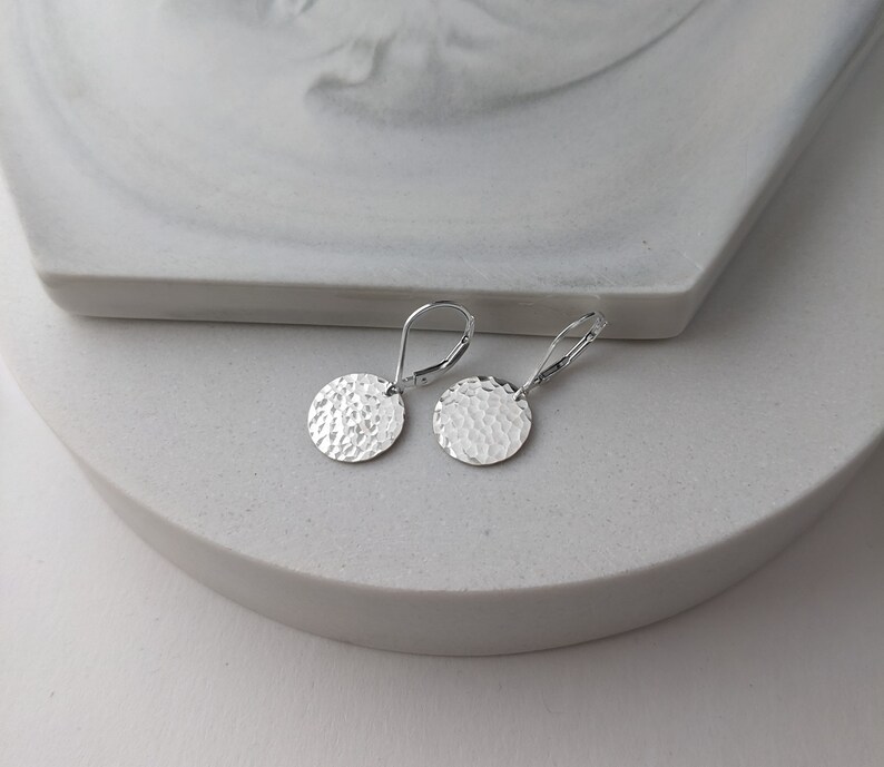 Hammered Leverback Earrings, Small Disc Earrings Lever Backs, .5 Sterling Silver Dangle Earrings, Shiny Finishes too image 2