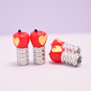4-Pack Vibrant Handmade Heart Apple Valve Stem Caps, Car & Bike Accessory, Unique Gift, Fun Tire Decor, Novelty Wheel Accent