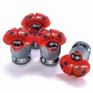 May include: Set of four ladybug-themed tire valve stem caps. The caps are red with black spots and a black face. The base is silver. The ladybug caps add a decorative touch to a vehicle's tires.
