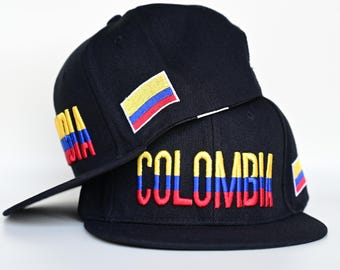 Colombia Flag Embroidered Snapback Hat - Adjustable Black Cap with "Colombia" Text, National Pride, Perfect for Sports and Casual Wear