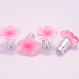 May include: Four pink flower-shaped plugs with silver posts. The plugs have a translucent appearance with a darker pink center. The background is a soft, light pink.
