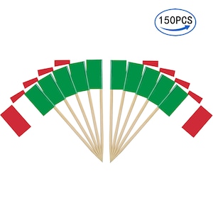 May include: A collection of small Italian flags on wooden sticks, arranged in a fan shape. The flags feature green, white, and red stripes. The image includes a blue oval with the text "150PCS".