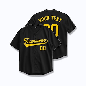 Custom Black Baseball Jersey with Yellow Text – Personalized Sports Shirt with Heat Press or Embroidery Name & Number