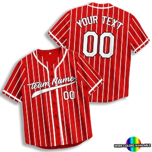 May include: Red and white striped baseball jersey with the text "YOUR TEXT" and the number "00" on the back. The front of the jersey has the text "Team Name" and the number "00".