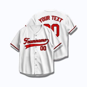 Camisa de beisebol branca personalizada com letras vermelhas, camisa de time esportivo personalizada com impressão térmica ou bordado