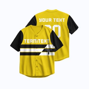 Custom Yellow and Black Baseball Jersey with Geometric Stripe, Heat Press Number, Embroidered Name, Personalized Uniform Shirt