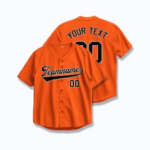 Camisa de beisebol laranja personalizada – Letras pretas bordadas ou nome e número impressos a quente para esportes ou eventos