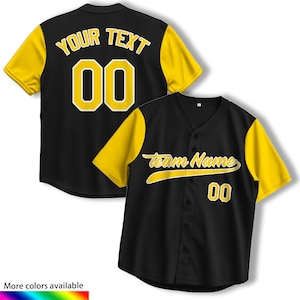 Custom Black Yellow Baseball Jersey – Personalized Team Shirt, Heat Press or Embroidered Name Number, Custom Sports Uniform Top
