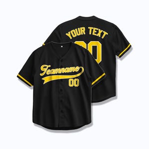 Custom Black Baseball Jersey with Yellow Embroidery or Heat Press, Personalized Name Number Team Shirt
