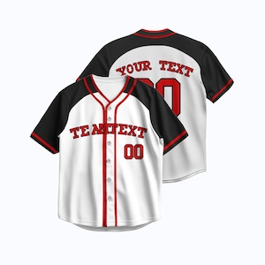 Custom White Red Black Baseball Jersey – Heat Press or Embroidered Shirt – Personalized Contrast Sleeve Uniform