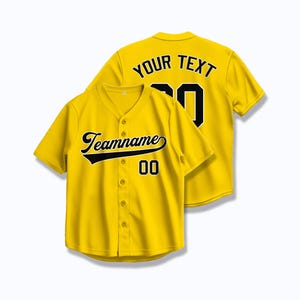 Camiseta de béisbol amarilla personalizada - Letras azul marino - Camiseta personalizada del equipo con nombre y número - Prensa térmica o bordado