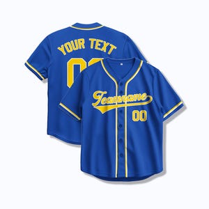 Royal Blue Baseball Jersey with Yellow Accents – Custom Embroidered Heat Press Team Shirt