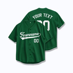 Camiseta de béisbol verde personalizada (nombre y número personalizados en blanco) Camiseta deportiva de equipo bordada o termosellada para eventos