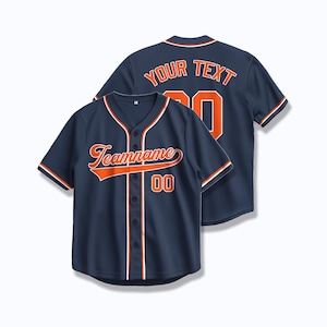 Custom Navy Baseball Jersey with Orange Trim | Personalized Heat Press or Embroidered Name Shirt | Custom Sports Uniform