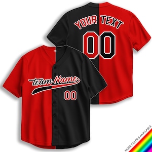 May include: A black and red baseball jersey with a split design. The left side is red with the text "team Name" in black and a white number "00". The right side is black with the text "YOUR TEXT" in white and a white number "00".