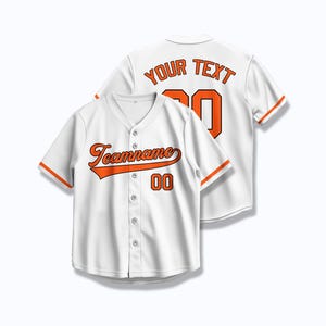 May include: White baseball jersey with orange accents. The jersey features the text "Teamname" in orange script on the front, along with the number "00". The back of the jersey displays "YOUR TEXT" and the number "00" in orange.