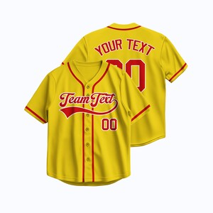 Custom Baseball Jersey Yellow Red Trim Personalized Team Shirt Embroidered or Heat Press Sports Uniform