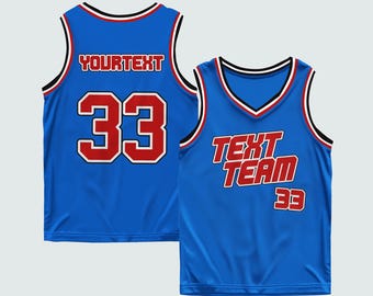 Benutzerdefinierte Blau Basketball Jersey Heat Press Block Schrift Rot Umrandet Personalisierte Team Name und Nummer Uniform