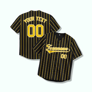 Camisa de beisebol listrada preta – Camisa personalizada com letras amarelas e número impresso a quente