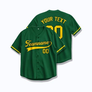 Camiseta de béisbol verde personalizada con letras amarillas, bordada o termosellada, uniforme de equipo personalizado.