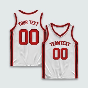 Custom White Basketball Jersey with Red Trim | Heat Press or Embroidered Text | Personalized Sleeveless Sports Uniform