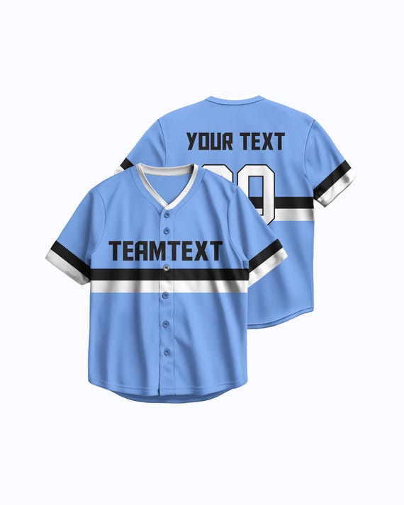 Light Blue Baseball Jersey With Black White Stripes | Custom Name