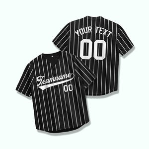 Camisa de beisebol preta listrada personalizada – Camisa personalizada com letras brancas e nome e número bordados ou prensados a quente