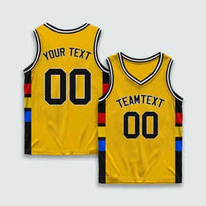 Custom Yellow Basketball Jersey with Black Trim, Heat Press or Embroidery, Personalized Name Number Team Uniform